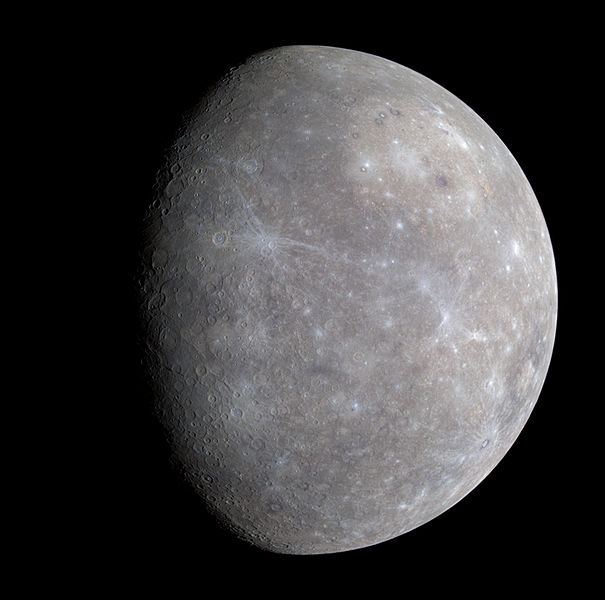 A photo of the planet Mercury showing its rugged, scarred surface which looks similar to that of the Earth's moon.